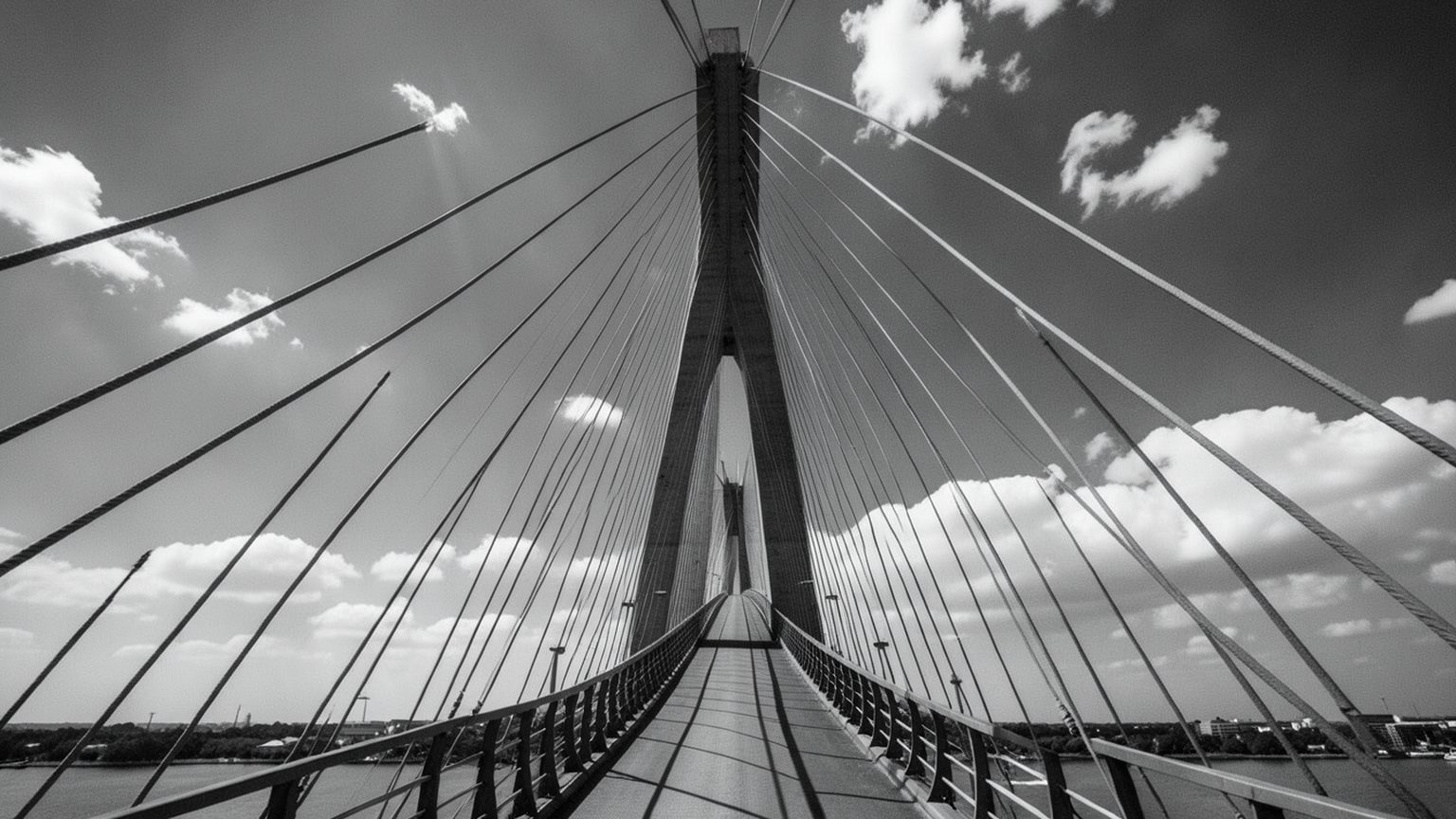 A cable-stayed bridge deck vanishing into the distance