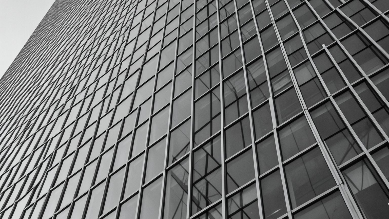 The glass and steel grid of a tower facade
