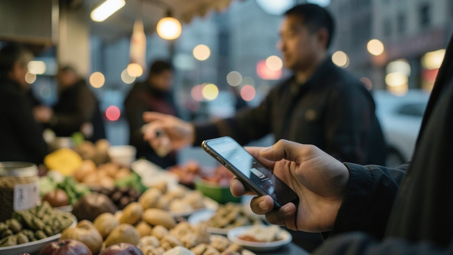 Paying by phone at a market stall