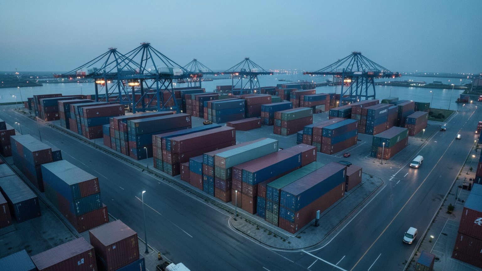 Container port at dusk
